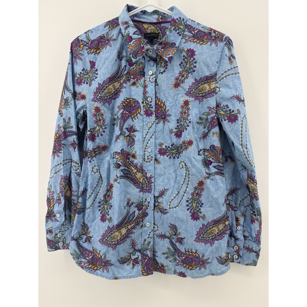 Talbots Women's Blue Paisley Swirly Cotton Button Front Blouse Small